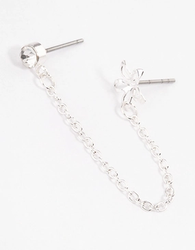 Silver Diamante & Flower Chain Earrings Wedding Look Chic Line
