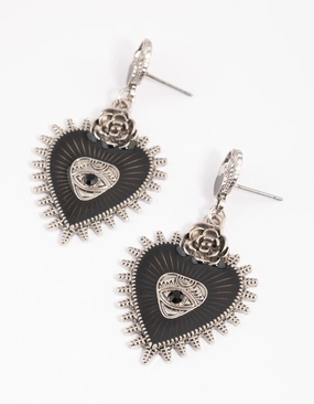 Silver Enamel Heart Rose Drop Earrings Bold Detail