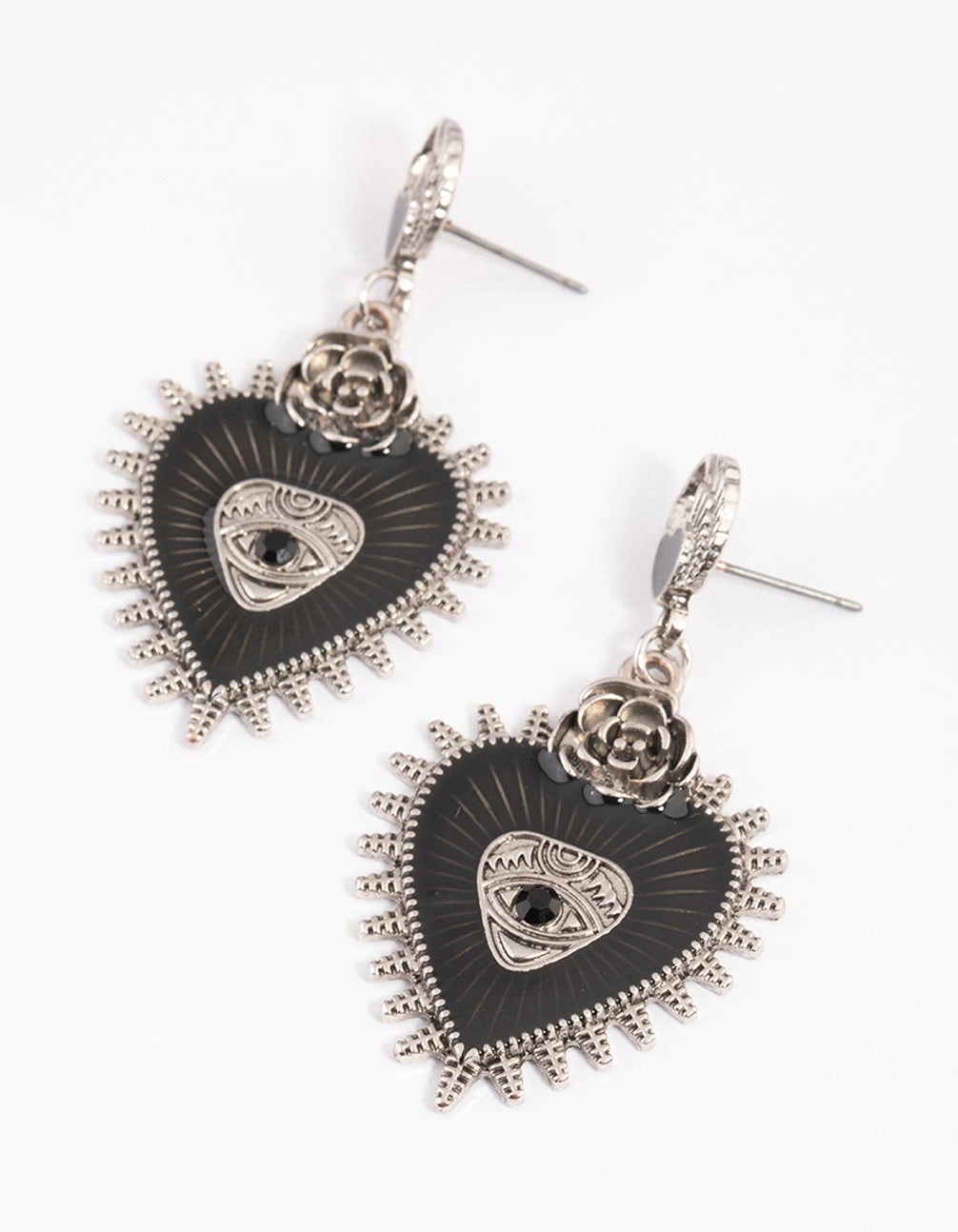 Silver Enamel Heart Rose Drop Earrings Bold Detail
