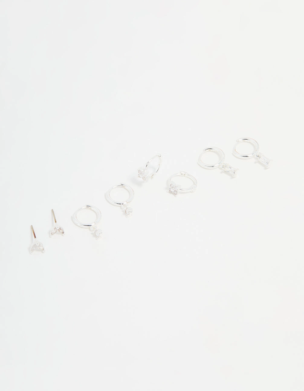 Cute Accent Silver Plated Brass Diamante Baguette Flower Hoop & Stud Earrings 4-Pack