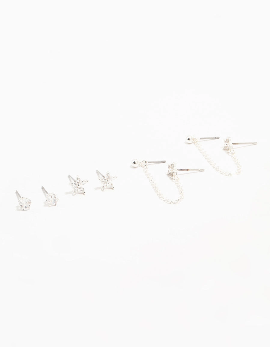 Birthday Style Silver Plated Brass  Flower & Chain Earrings 3-Pack