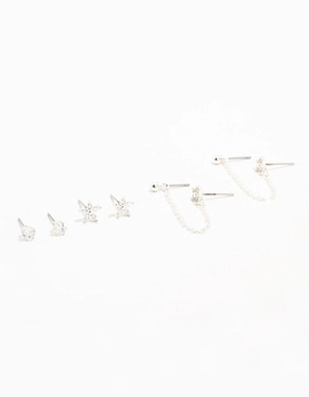 Birthday Style Silver Plated Brass  Flower & Chain Earrings 3-Pack