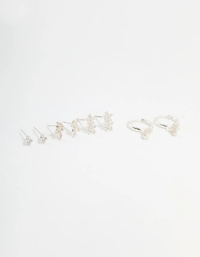 Silver Plated Brass Flower Stud & Hoop Earrings 4-Pack Elegant Beauty