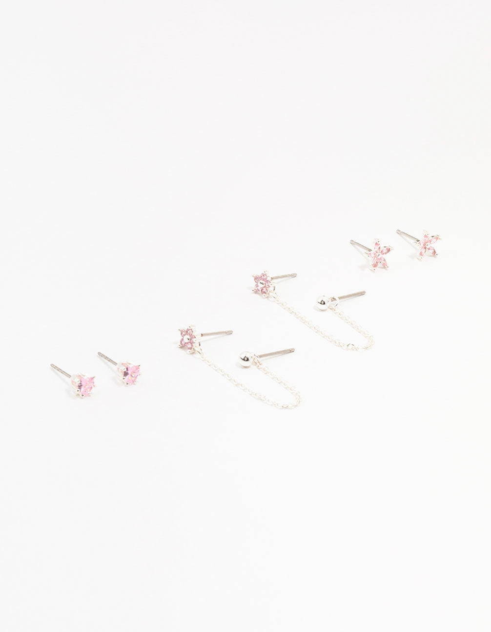 Charming Sparkle Retro Mood Silver Plated Brass  Heart Flower Chain Earrings 3-Pack