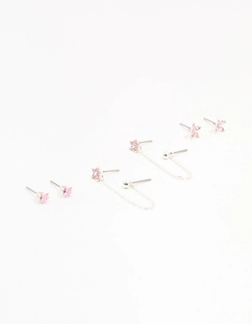 Charming Sparkle Retro Mood Silver Plated Brass  Heart Flower Chain Earrings 3-Pack