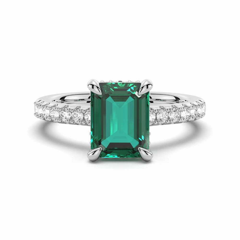 Artisan Accent Natural Look 3 CT. Side Stone Lab Grown Emerald Engagement Ring With Hidden Halo