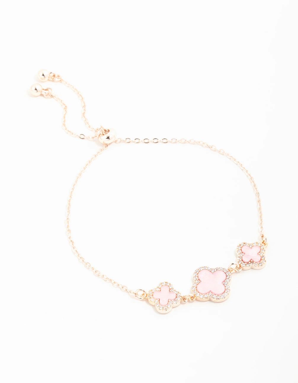 Impeccable Highlight Rose Gold Cubic Zirconia Pink Flower Trio Toggle Bracelet