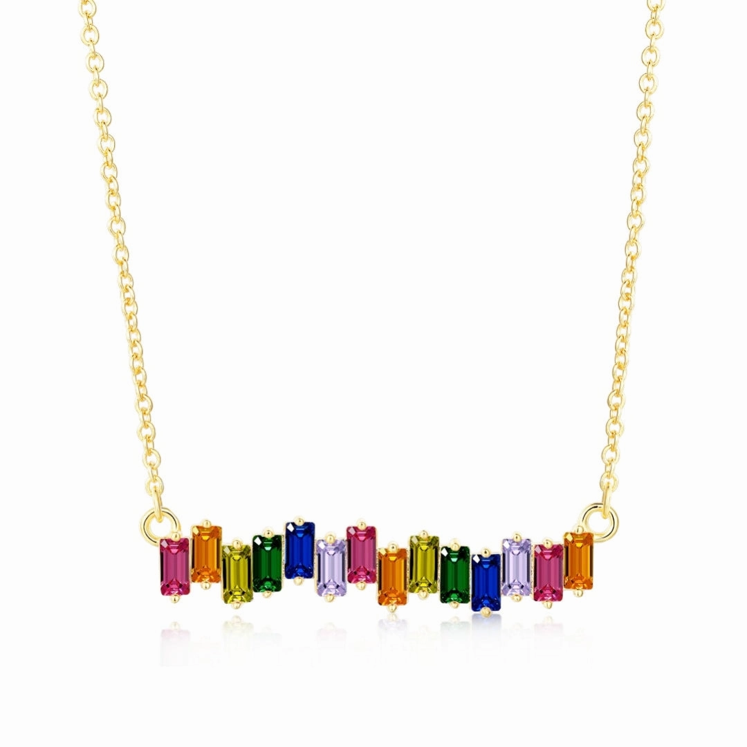 Layering Choice Gold Plated Sterling Silver Colorful CZ Baguette Bar Necklace