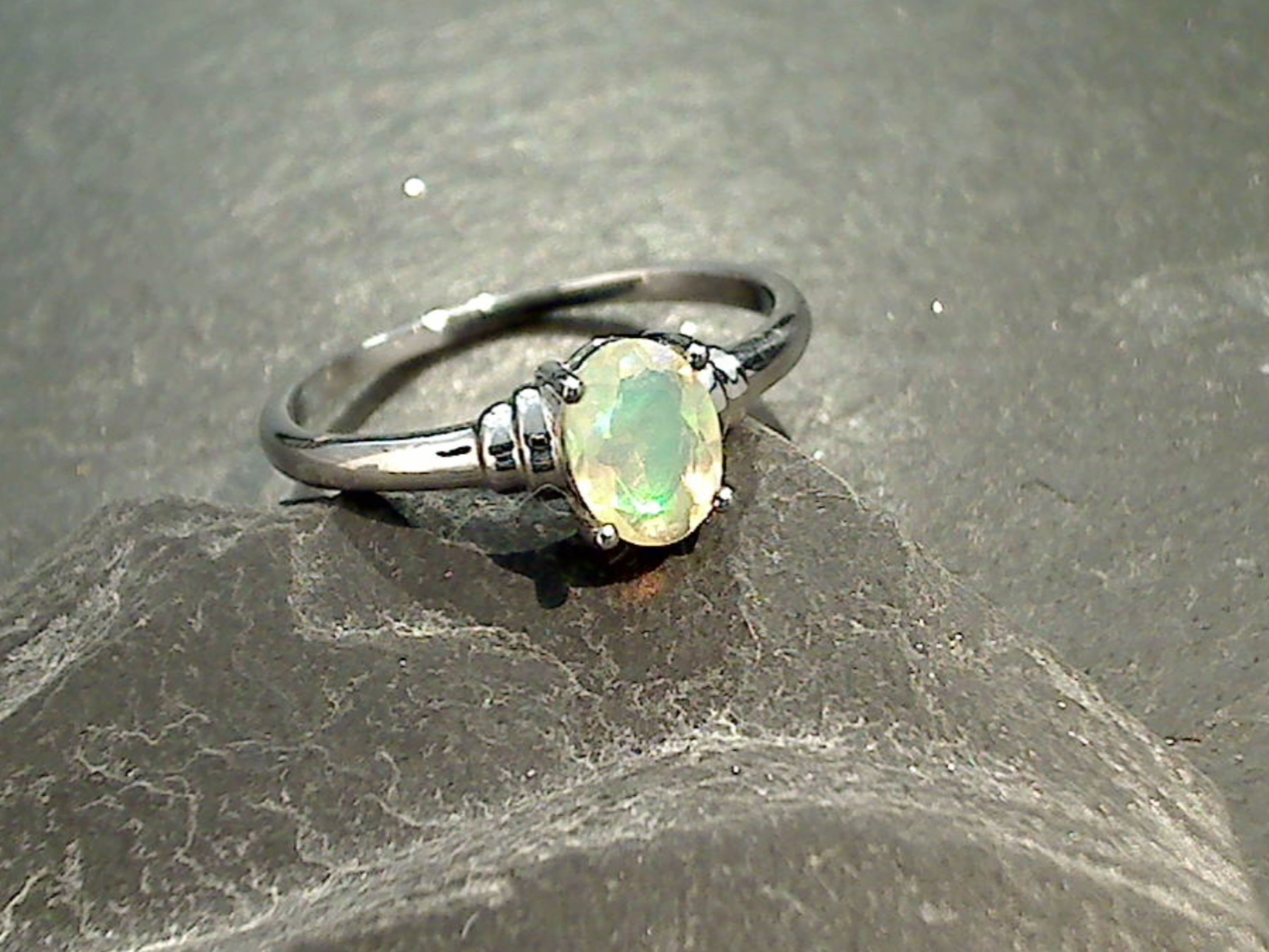 summer look Sophisticated Embellishments Size 9 Ethiopian Opal, Rhodium Plated Sterling Silver Ring