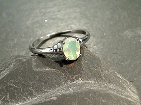 summer look Sophisticated Embellishments Size 9 Ethiopian Opal, Rhodium Plated Sterling Silver Ring