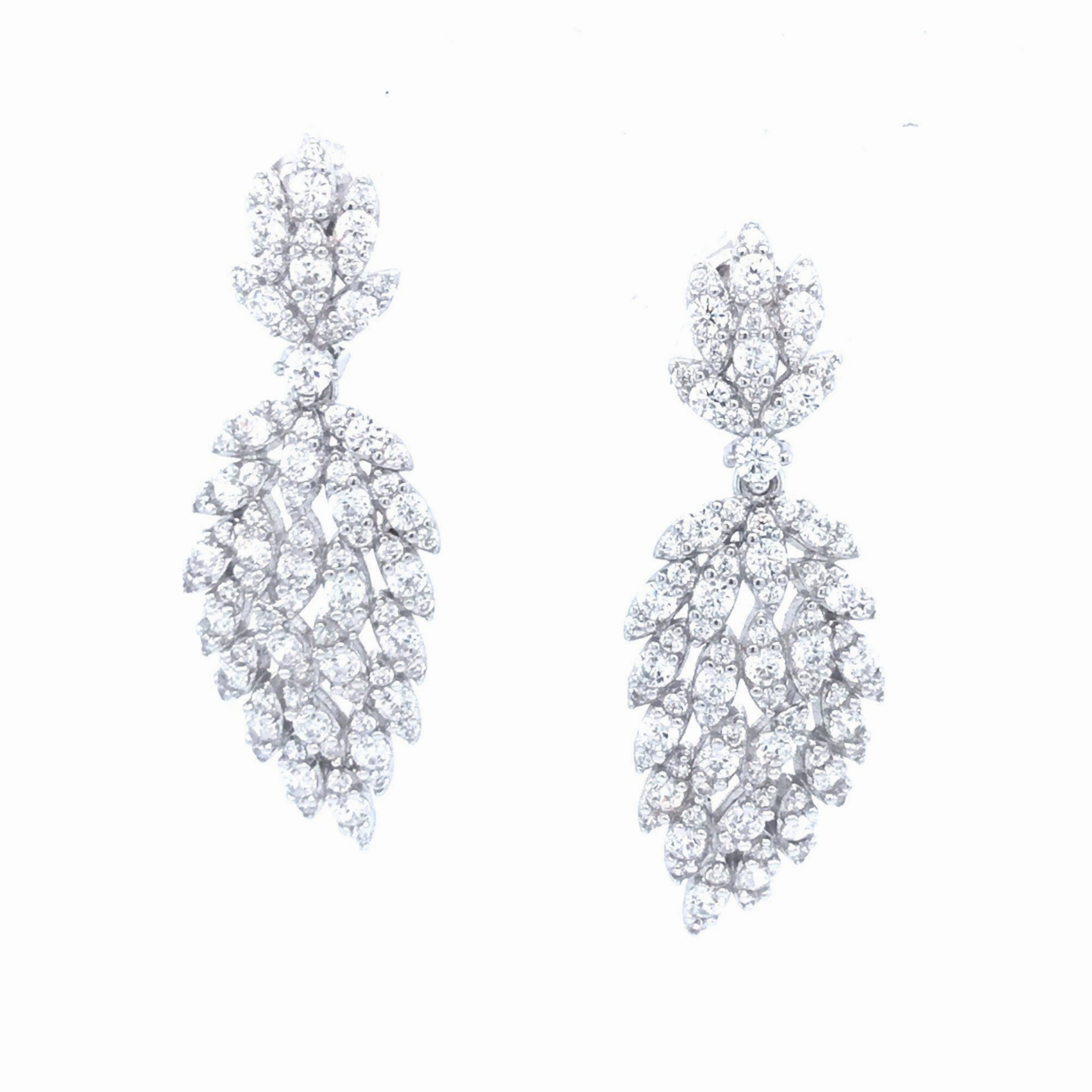Rhodium Plated Sterling Silver CZ Cluster Leaf Earrings Fashionable Jewelry