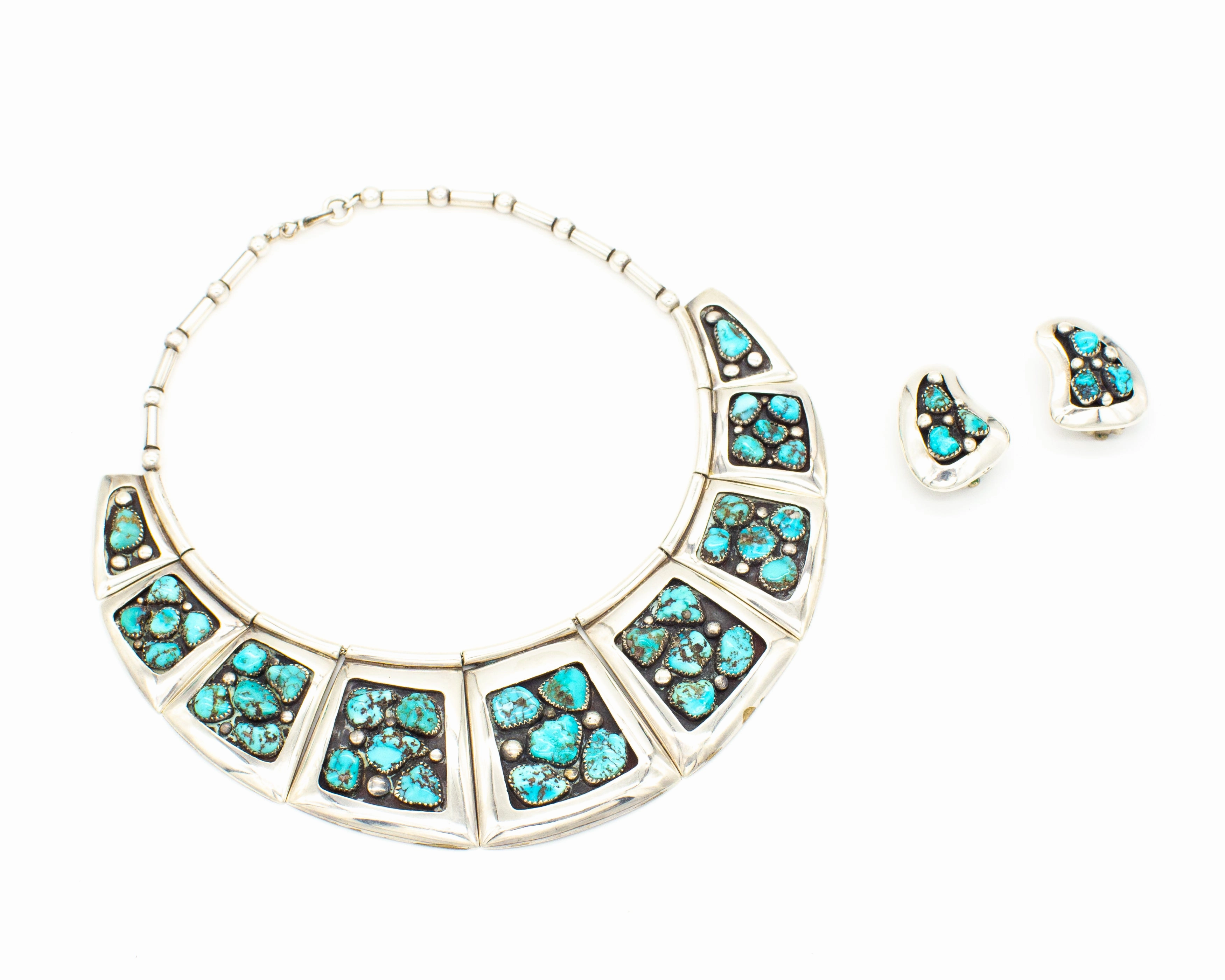 Modern Snap Frank Patania Sr. Thunderbird Shop Handmade Sterling Silver Turquoise Necklace & Earrings Set