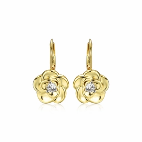 Polished Glam Gold Plated Surgical Steel Flower With Center CZ Leverback Earrings