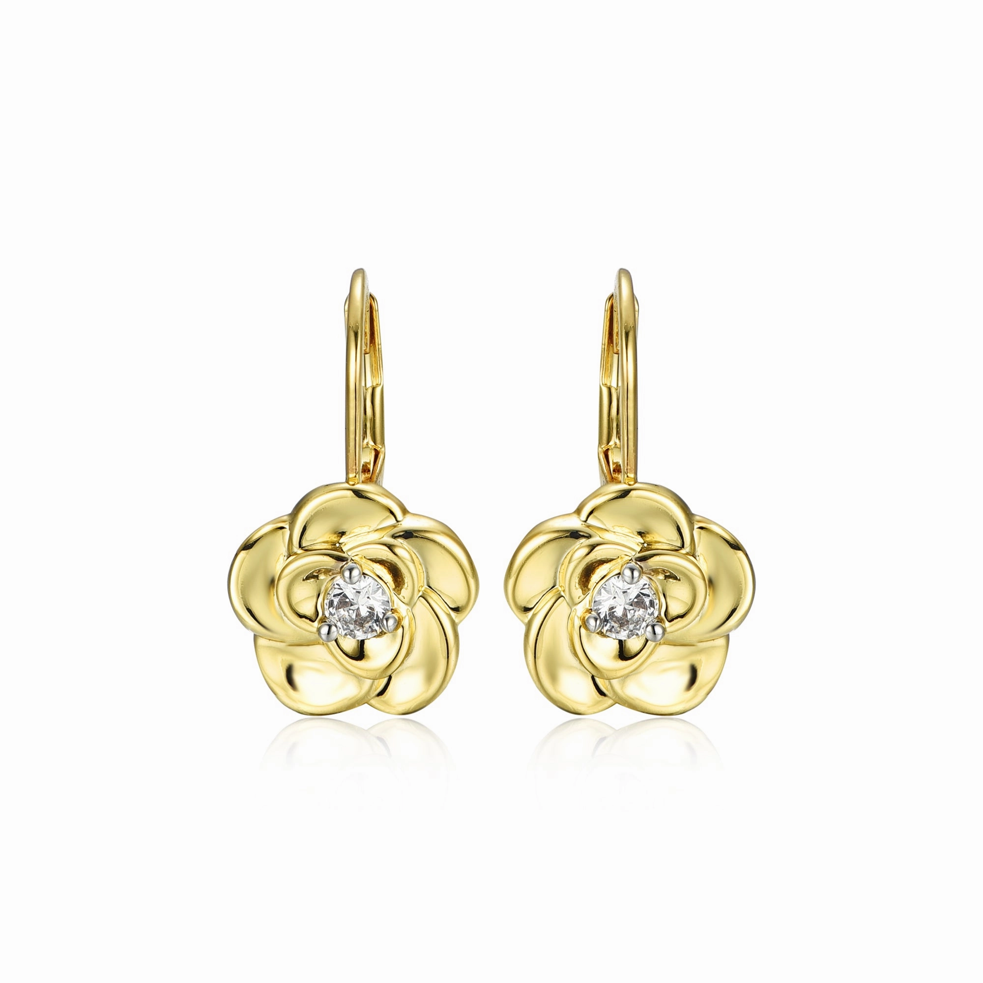 Polished Glam Gold Plated Surgical Steel Flower With Center CZ Leverback Earrings