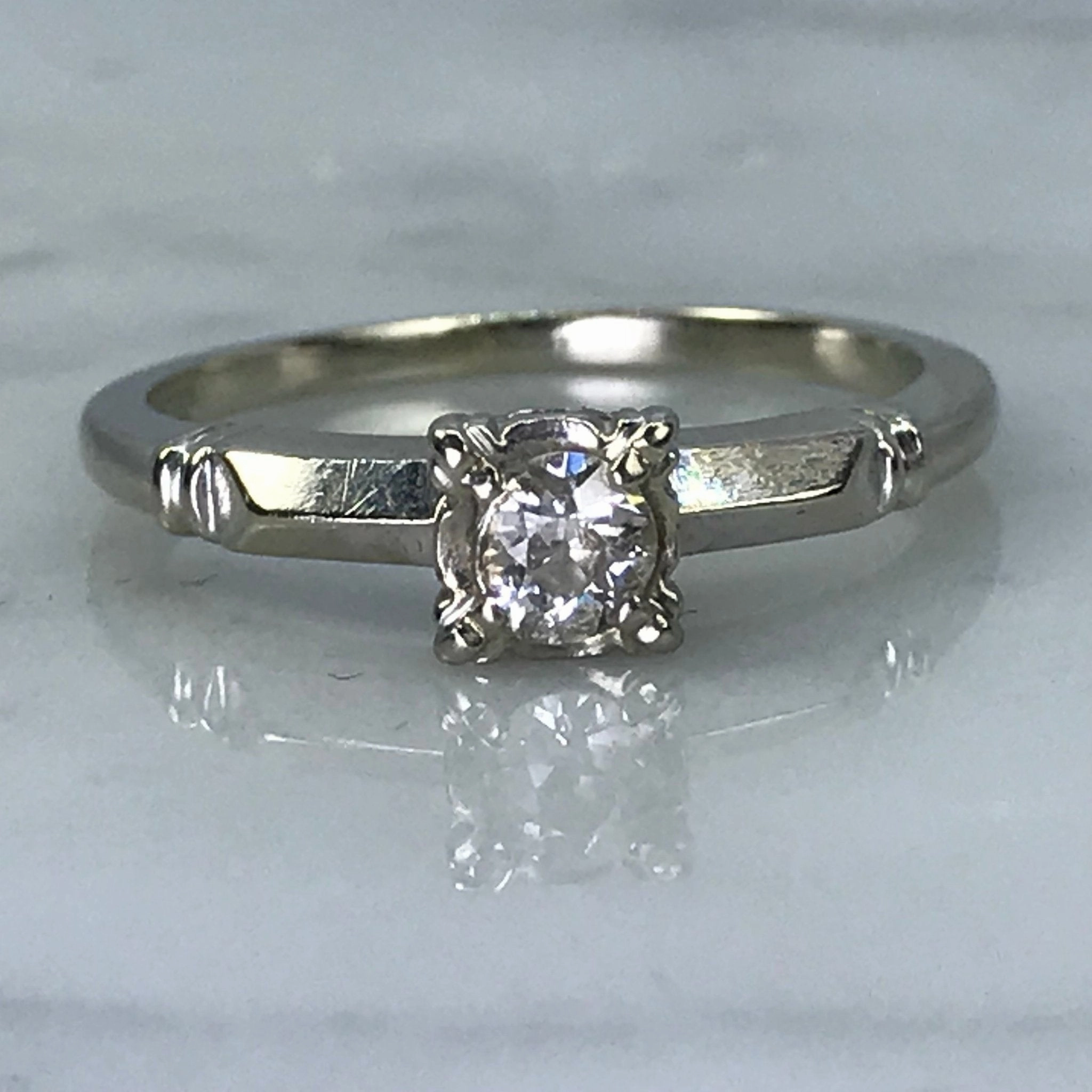 Vintage Diamond Engagement Ring. 14K White Gold. April Birthstone. 10 Year Anniversary Gift. Camera Focus