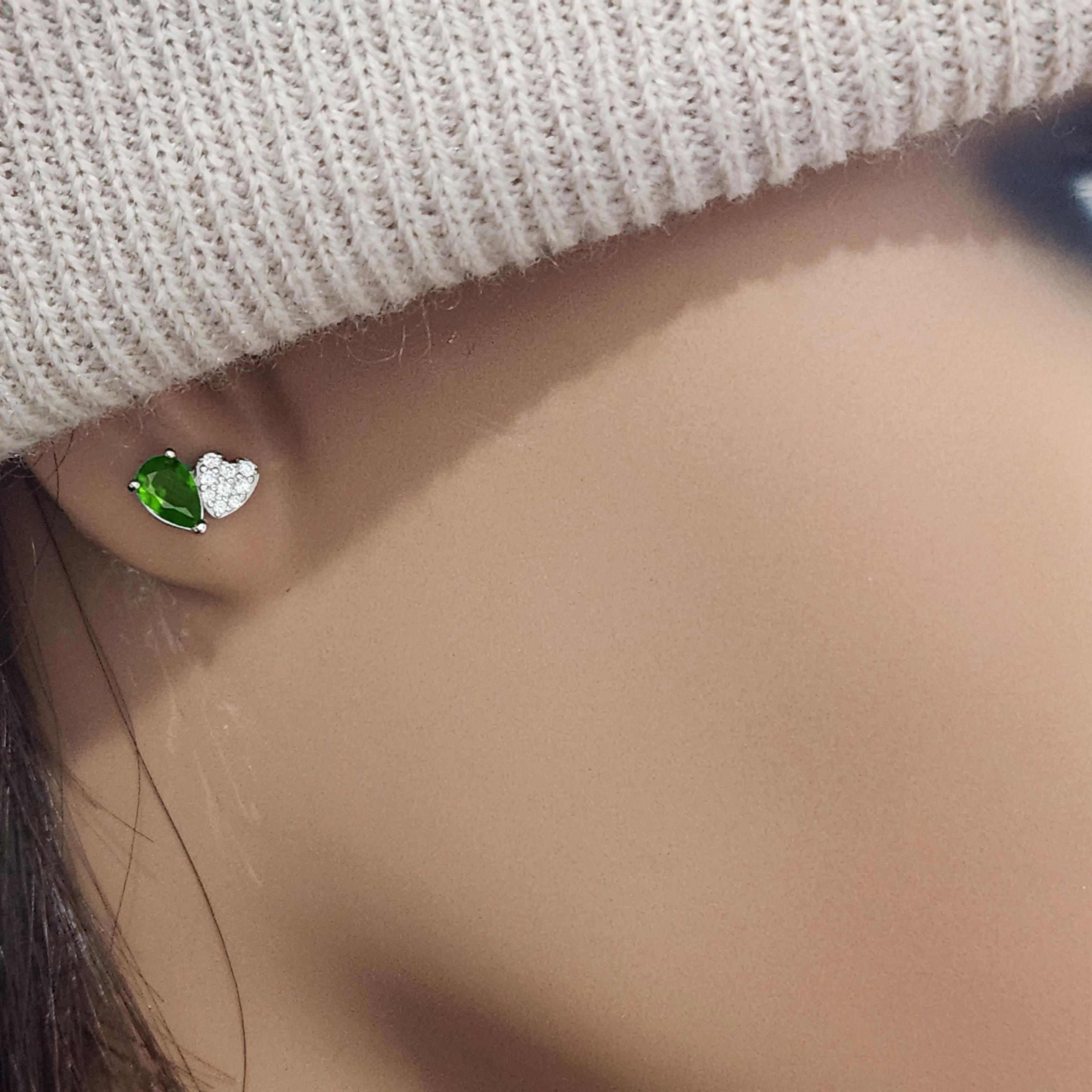 Modern Duo Sterling Silver Micropave Heart With Colored Pear CZ Stud Earring