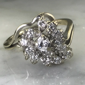 Vintage Diamond Cluster Ring. 14K White Gold.  April Birthstone. 10 Year Anniversary. Appraised. Holiday Party