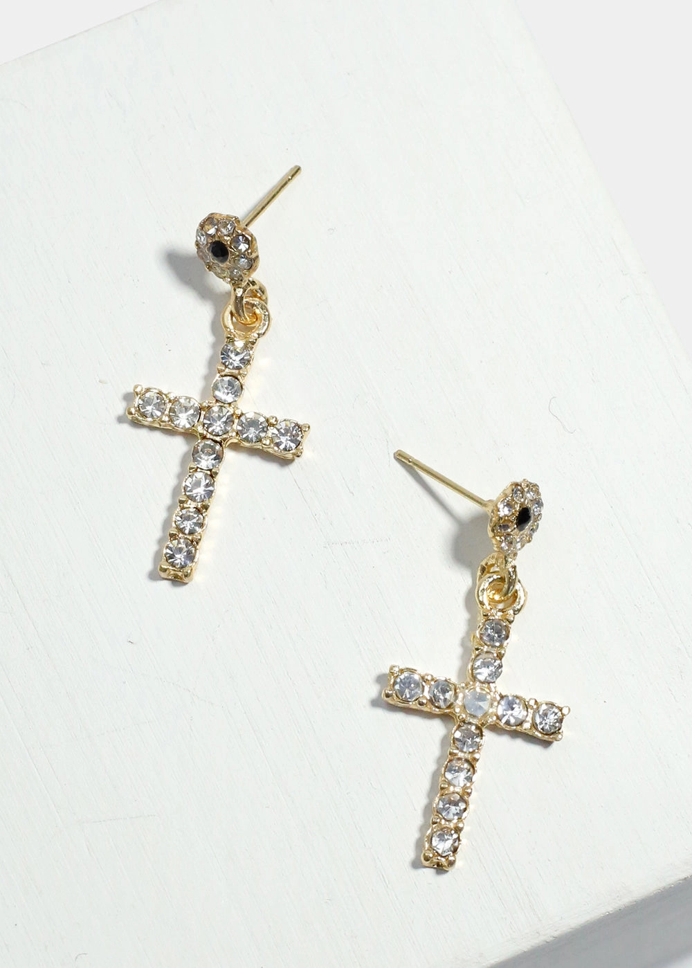 Rhinestone-Studded Cross Dangle Earrings Textured Detail