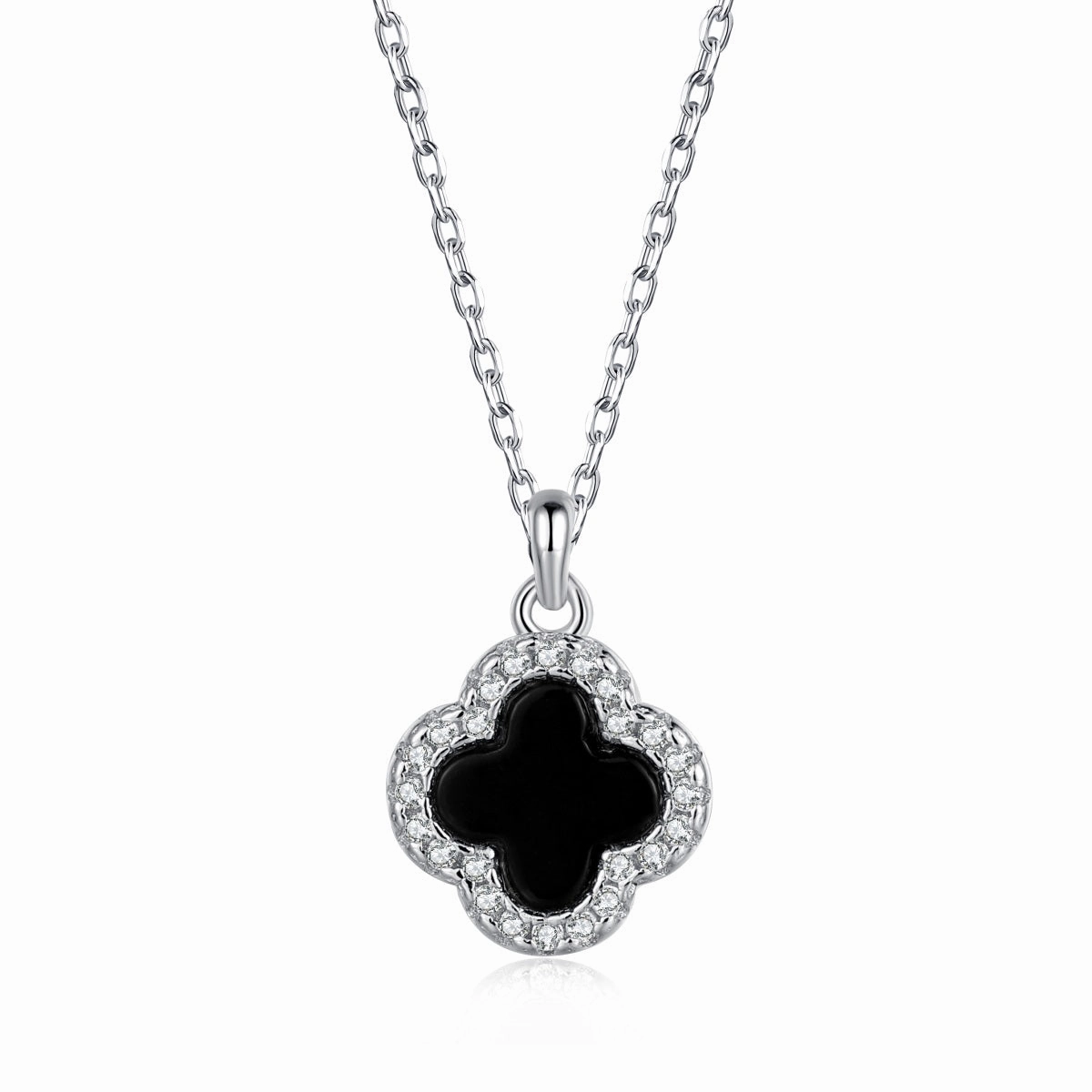 Sterling Silver Black Onyx Clover Necklace with CZ Border Distinctive pieces custom design