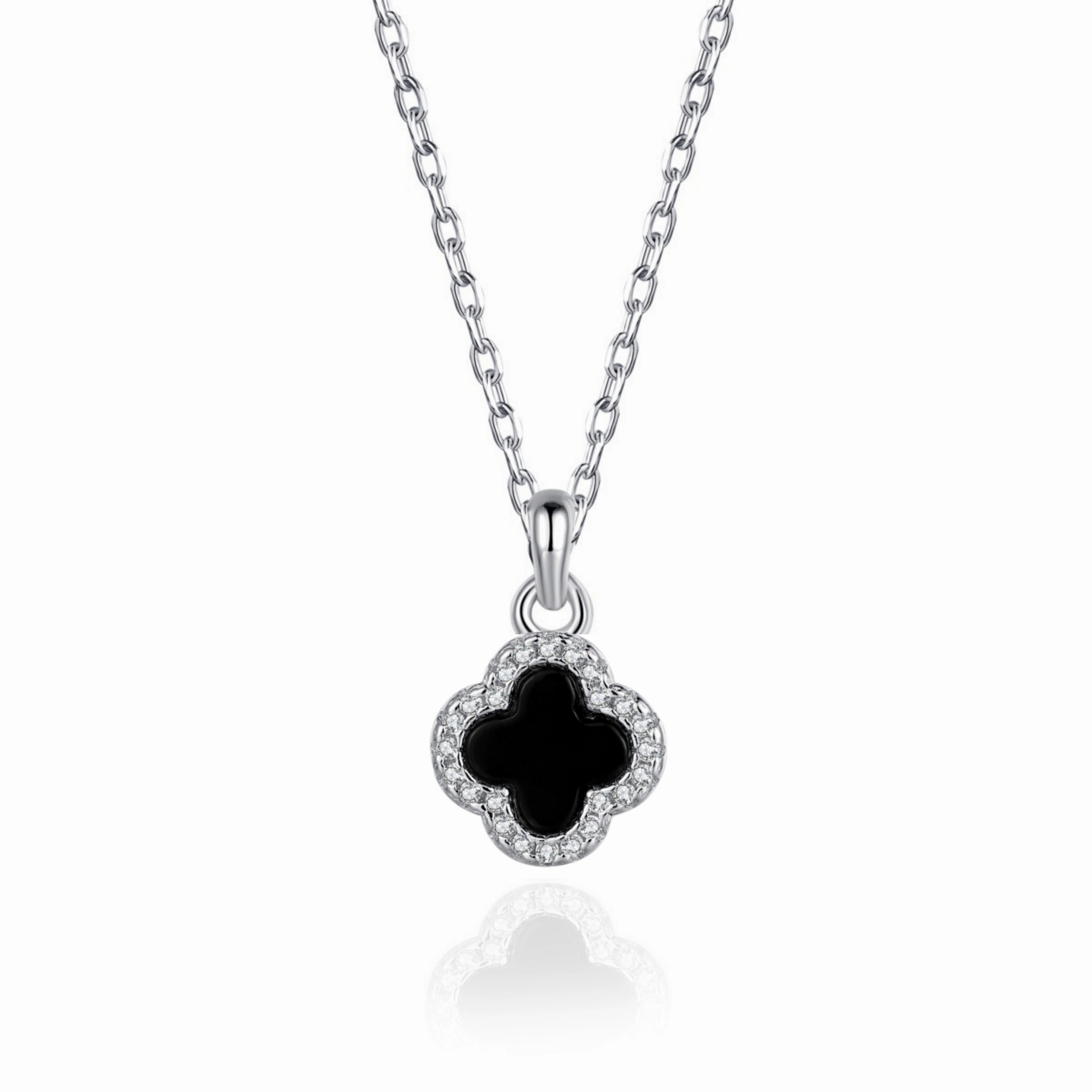 Sterling Silver Black Onyx Clover Necklace with CZ Border Unique Shape