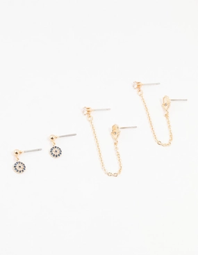 Gold Evil Eye & Hamsa Hand Chain Earrings 3-Pack Starry Look