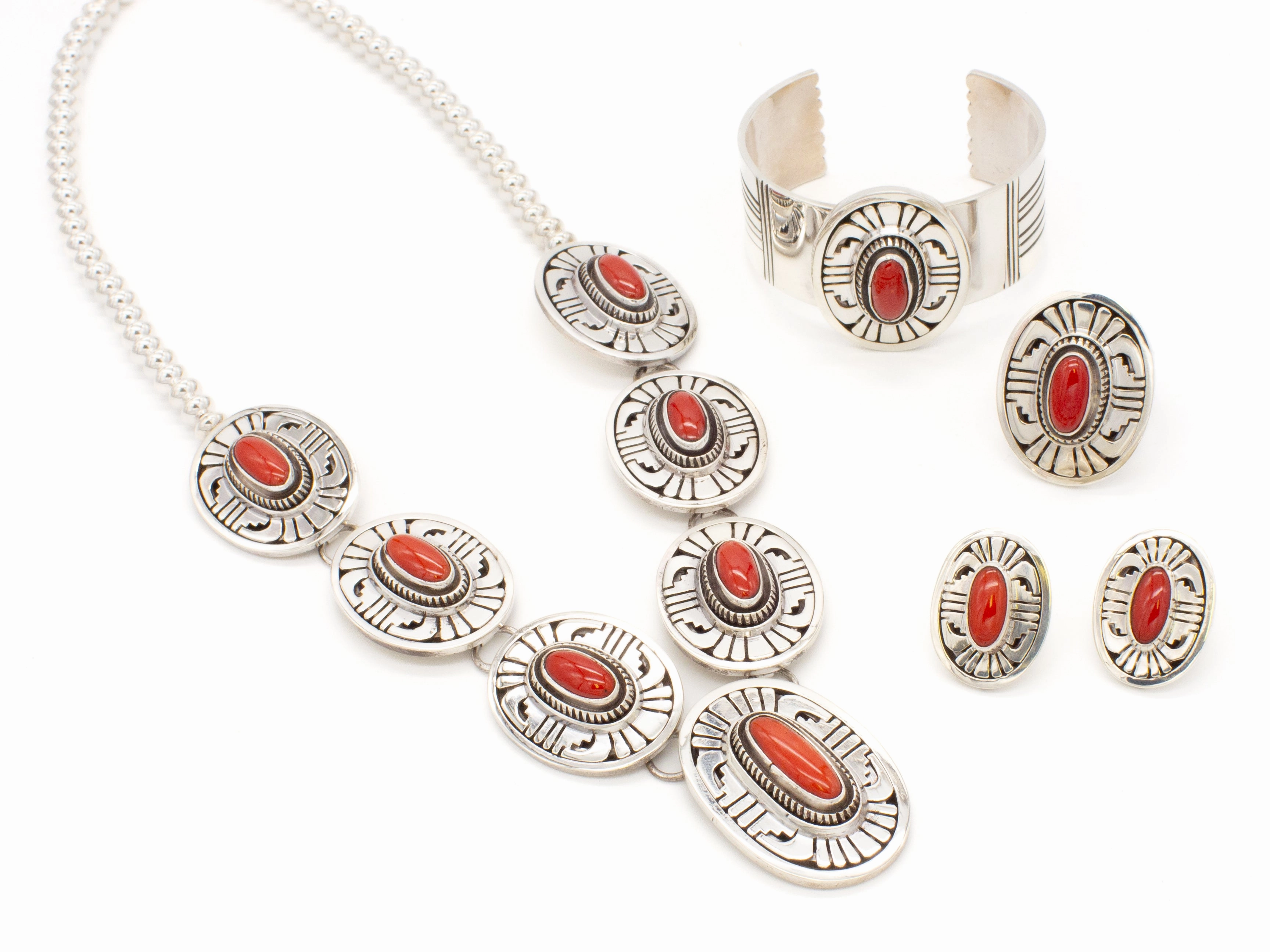 Leonard Nez Four-Piece Navajo Handmade Sterling Silver Coral Jewelry Set Chic Shape