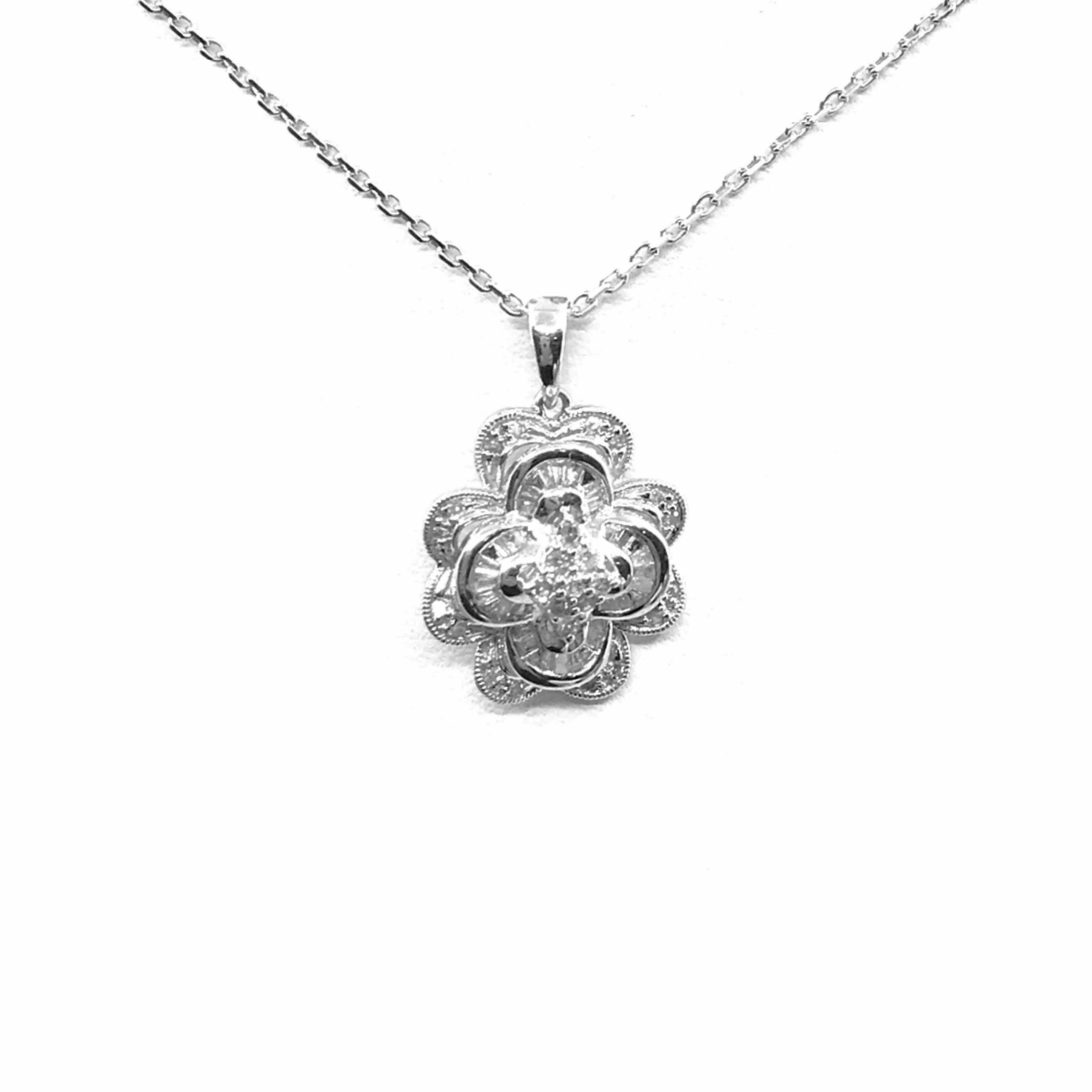 14K White Gold and Diamond Flower Pendant Necklace Everyday Duo