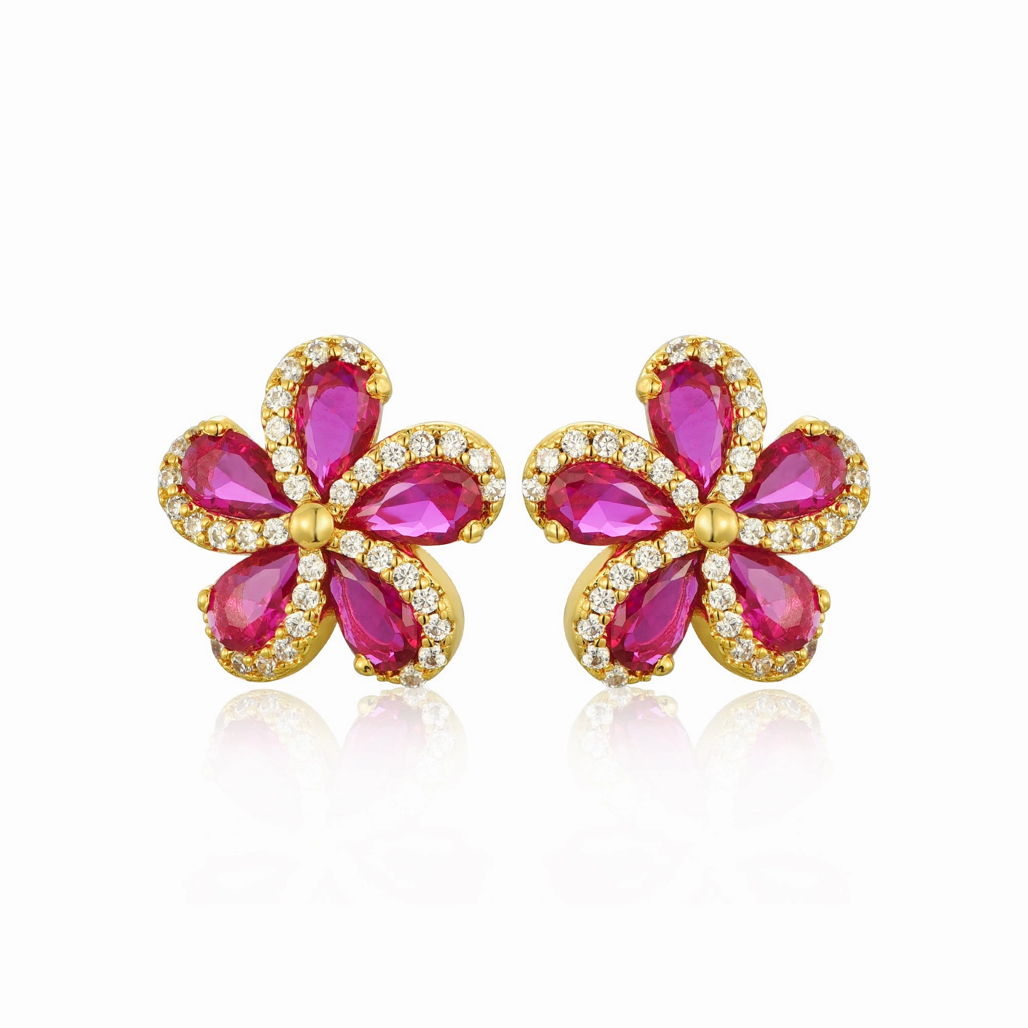 Lil' Empress Gold Plated or Rhodium Plated Surgical Steel 5 Petal Colorful CZ Flower Stud Earrings Premium Radiance Ethereal Accent