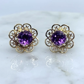 Premium Radiance Elite Touch Vintage Amethyst Earrings set in a Yellow Gold Flower Setting. February Birthstone. Wedding Jewelry.