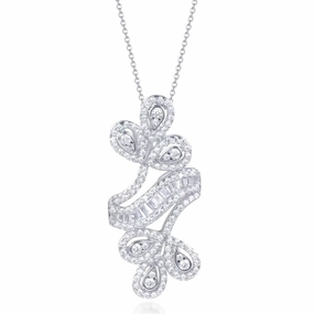Unique Sparkle Distinctive Shape Sterling Silver Double Flower Round CZ and Baguette Pendant Necklace