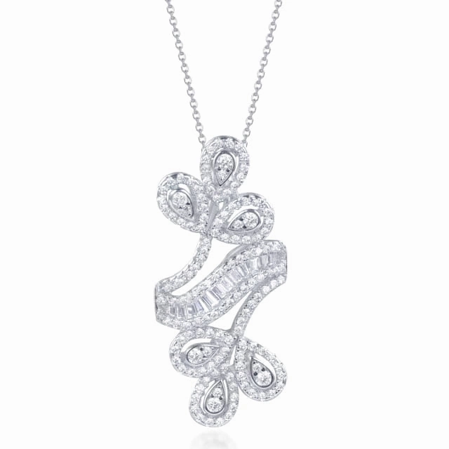 Unique Sparkle Distinctive Shape Sterling Silver Double Flower Round CZ and Baguette Pendant Necklace