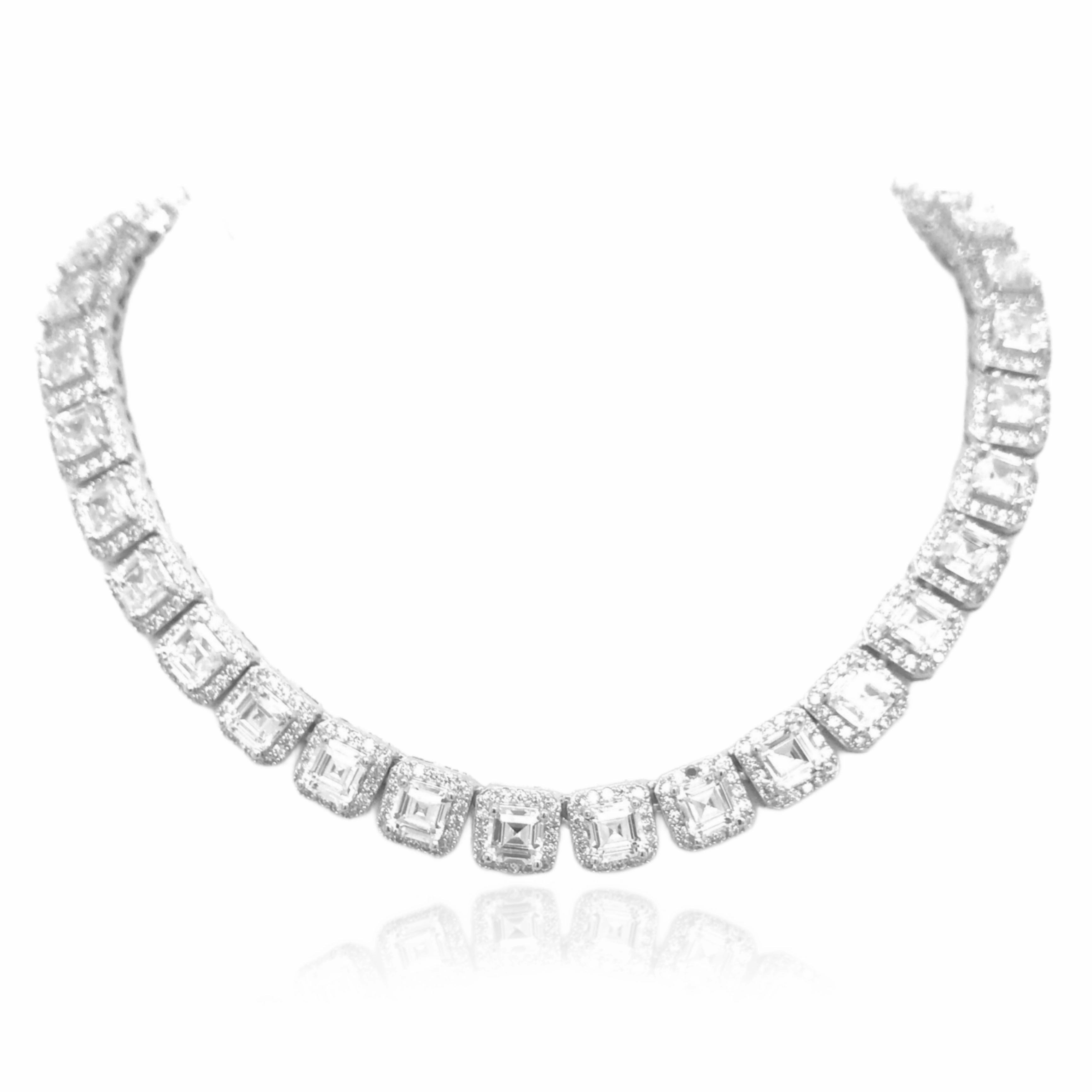 Rhodium Plated Sterling Silver CZ Square Tennis Necklace Evening Outfit Fashion Week