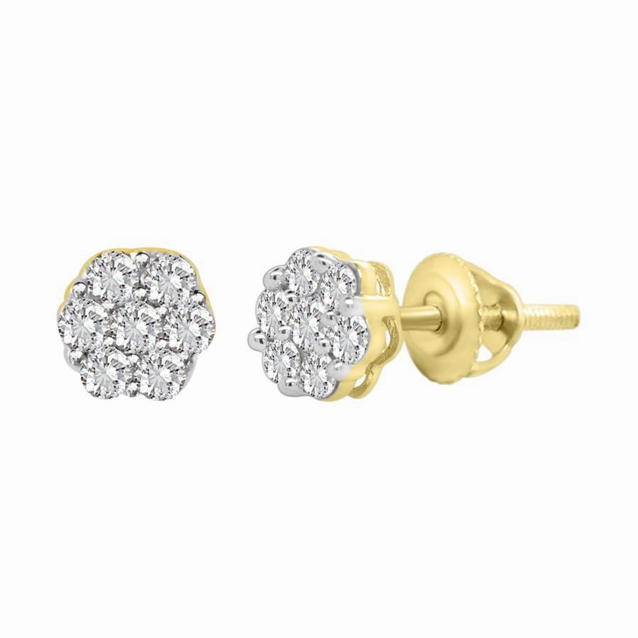 Minimalist Design LADIES FLOWER EARRINGS 0.33CT ROUND DIAMOND 14K YELLOW GOLD