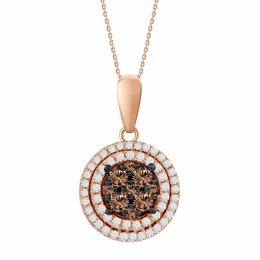 LADIES PENDANT WITH CHAIN 0.33CT ROUND DARK BROWN DIAMOND 14K ROSE GOLD Party essential Sparkling Accent