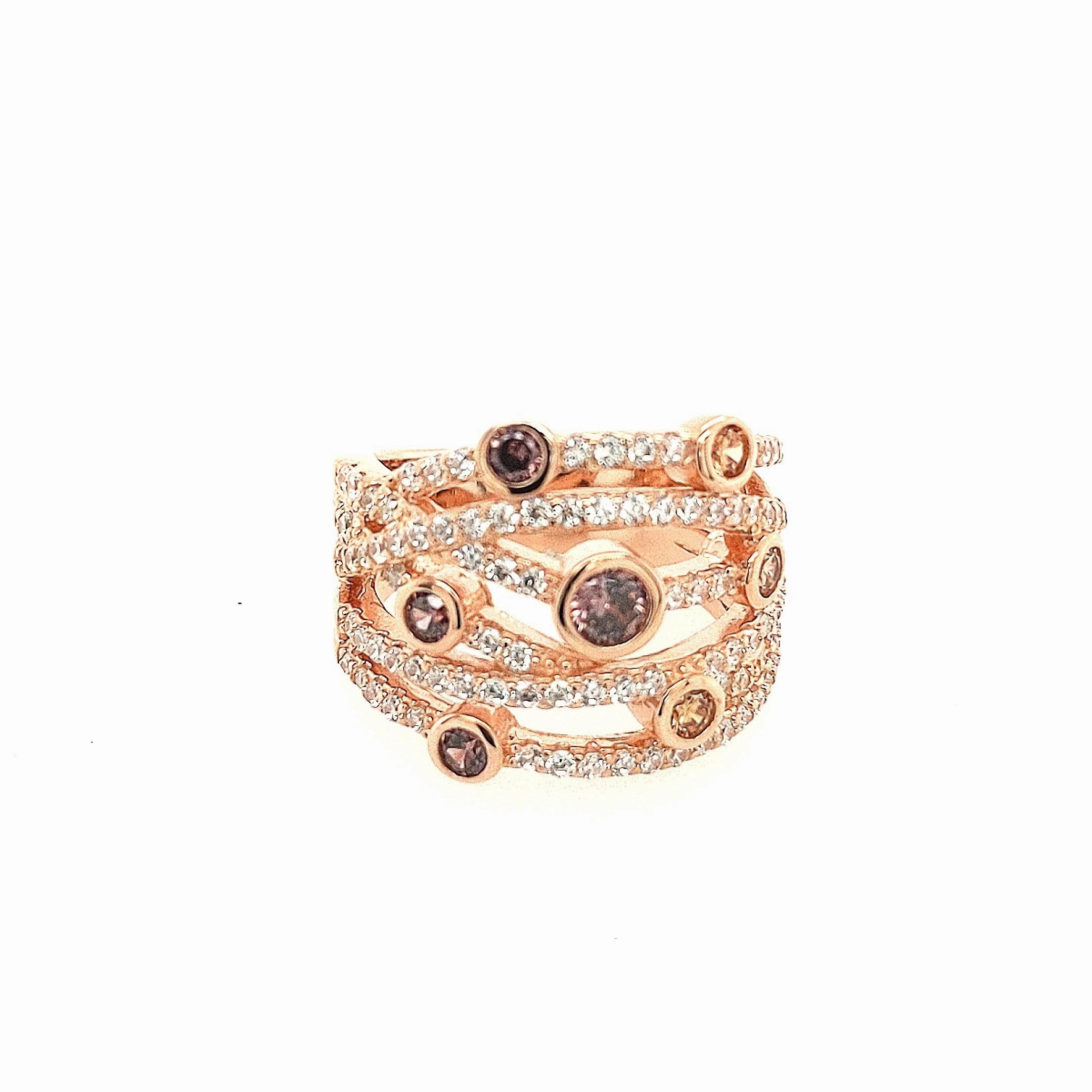 Quiet Look Sterling Silver Rose Gold Plated Multi Row CZ and Purple Stone Ring