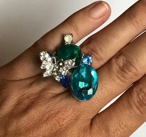 Vibrant Touch holiday season Upcycled Butterfly Ring. Blue Rhinestone Statement Ring. Costume Jewelry. Recycled Jewelry
