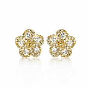 Gold Plated 10mm Surgical Steel 5 Petal Colorful CZ Flower Stud Earrings Brilliant Finish Exquisite Sparkle