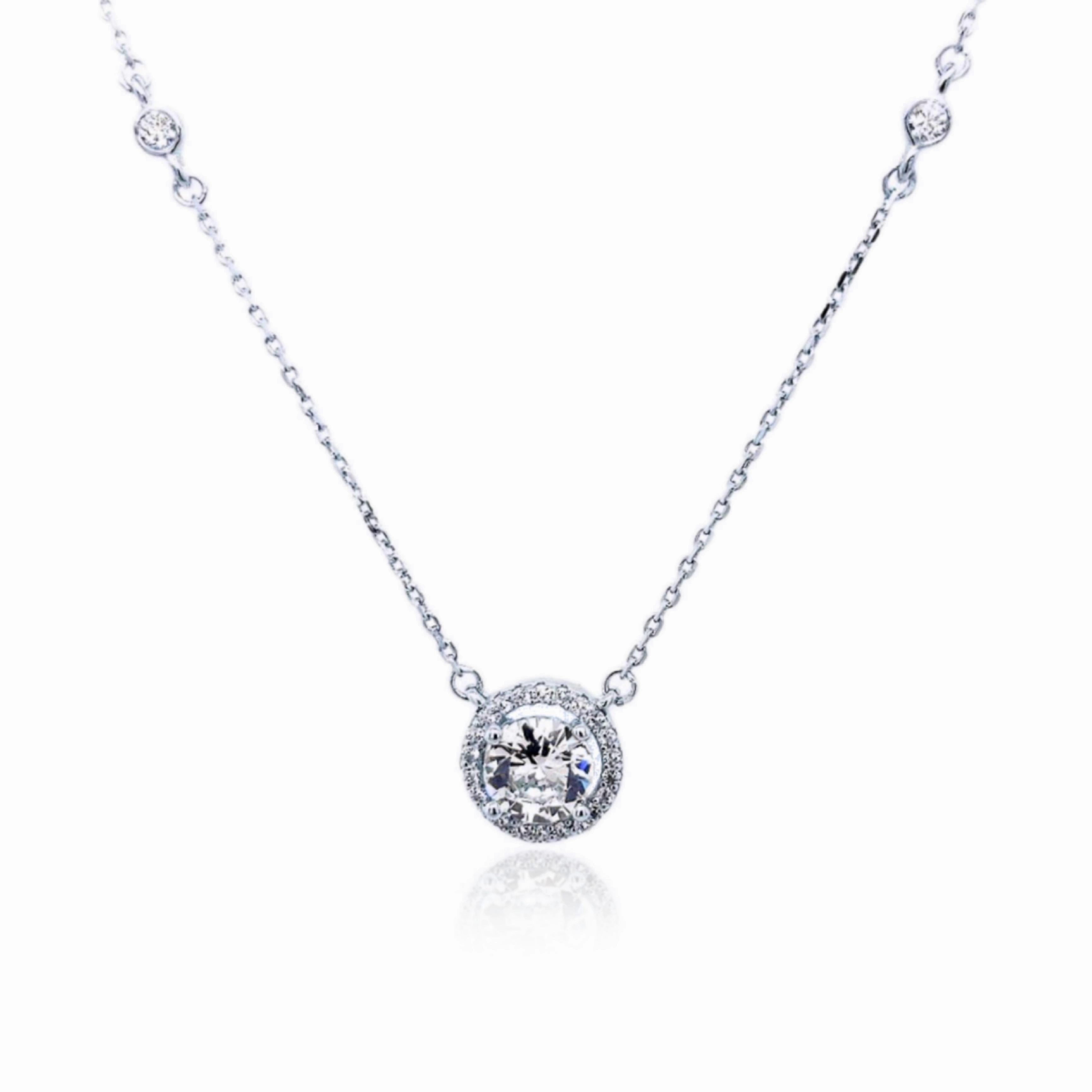True Accent Modern Shape Sterling Silver 7mm CZ Halo Solitaire Necklace