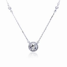 True Accent Modern Shape Sterling Silver 7mm CZ Halo Solitaire Necklace