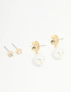 Gold Pearl Flower & Diamante Stud Earrings 2-Pack Sparkle Surface