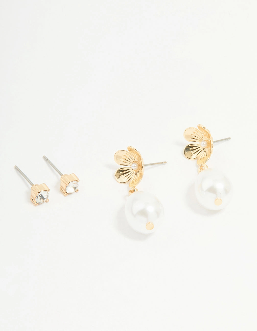 Gold Pearl Flower & Diamante Stud Earrings 2-Pack Sparkle Surface