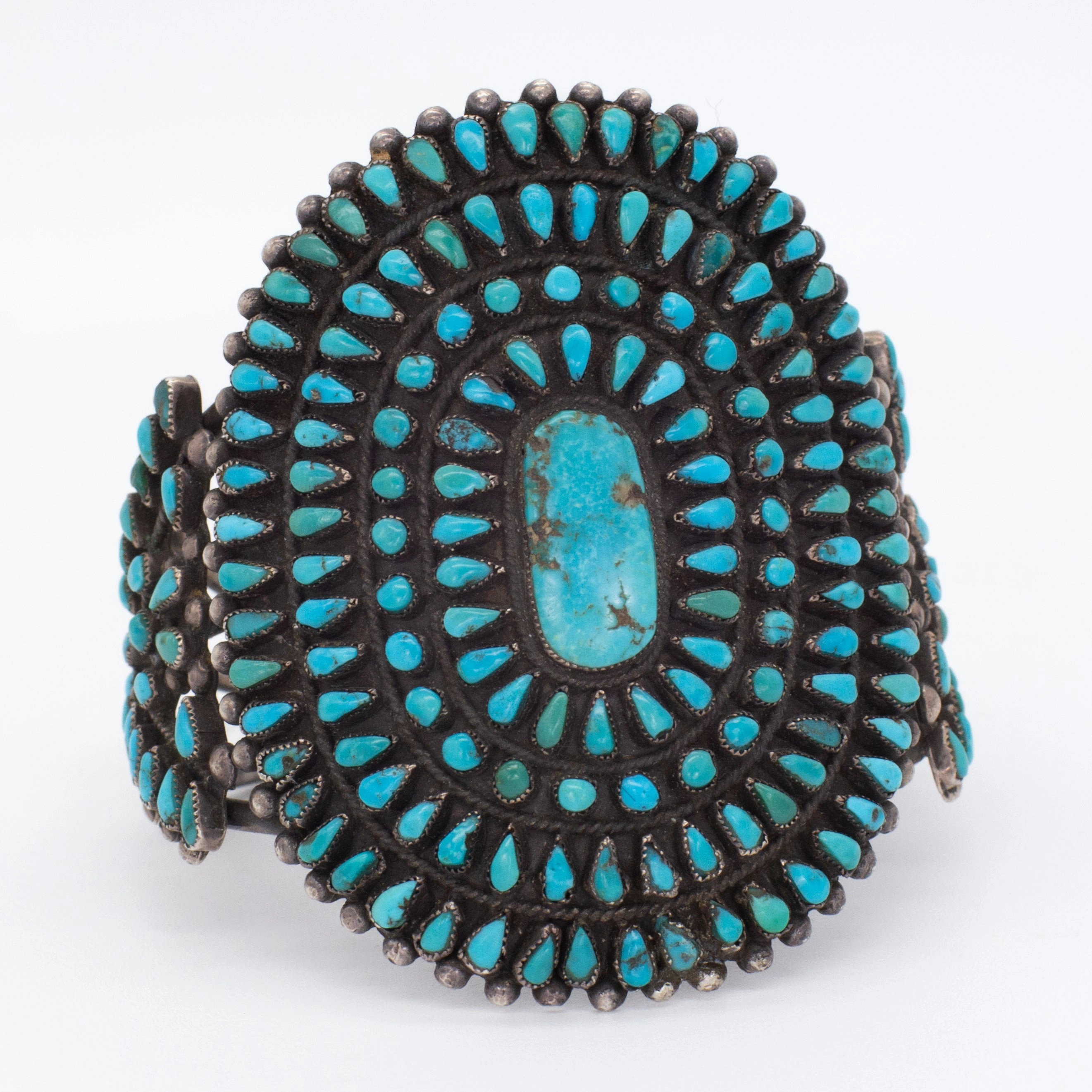 Impeccable Cut Muted Details Handmade Sterling Silver Turquoise Petit Point Cuff Bracelet (Hallmark Unknown)