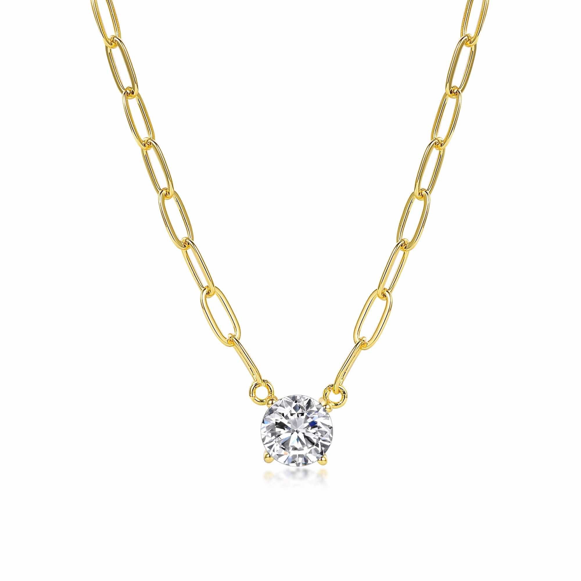 Everyday Design Gold-plated Sterling Silver CZ Solitaire Necklace on Paperclip Chain