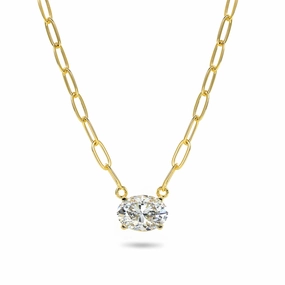 Precious Pieces Fashion Touch Gold-plated Sterling Silver CZ Solitaire Necklace on Paperclip Chain
