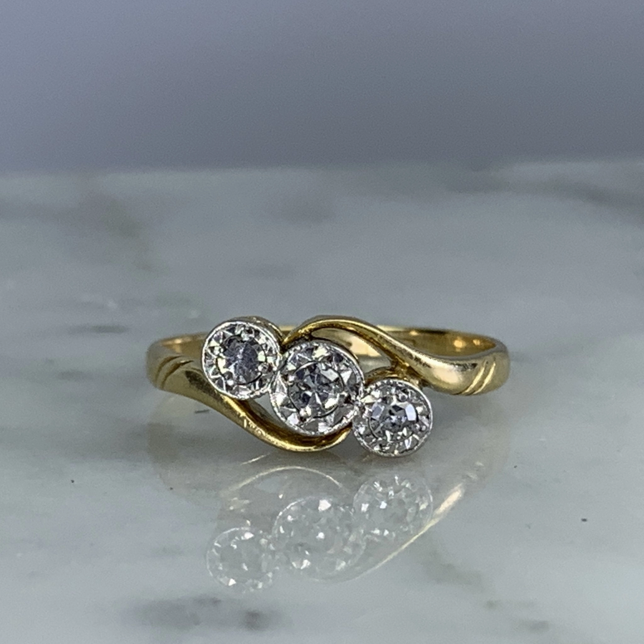 Evening Feature Antique Art Deco Diamond Engagement Ring in 18K Yellow Gold. Past Present and Future Trilogy Ring