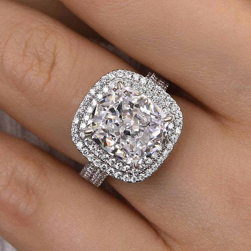 Convenient Design Louily Luxury Double Halo Three Shank Cushion Cut Engagement Ring