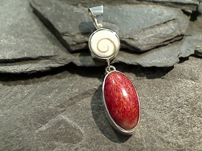 Golden Light Special Occasion Sponge Coral, Shiva's Eye Shell, Sterling Silver Small Pendant