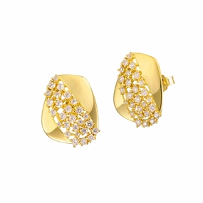 Sterling Silver Gold Plated Rectangular Shaped With CZ Stud Earrings Elegant Treasures