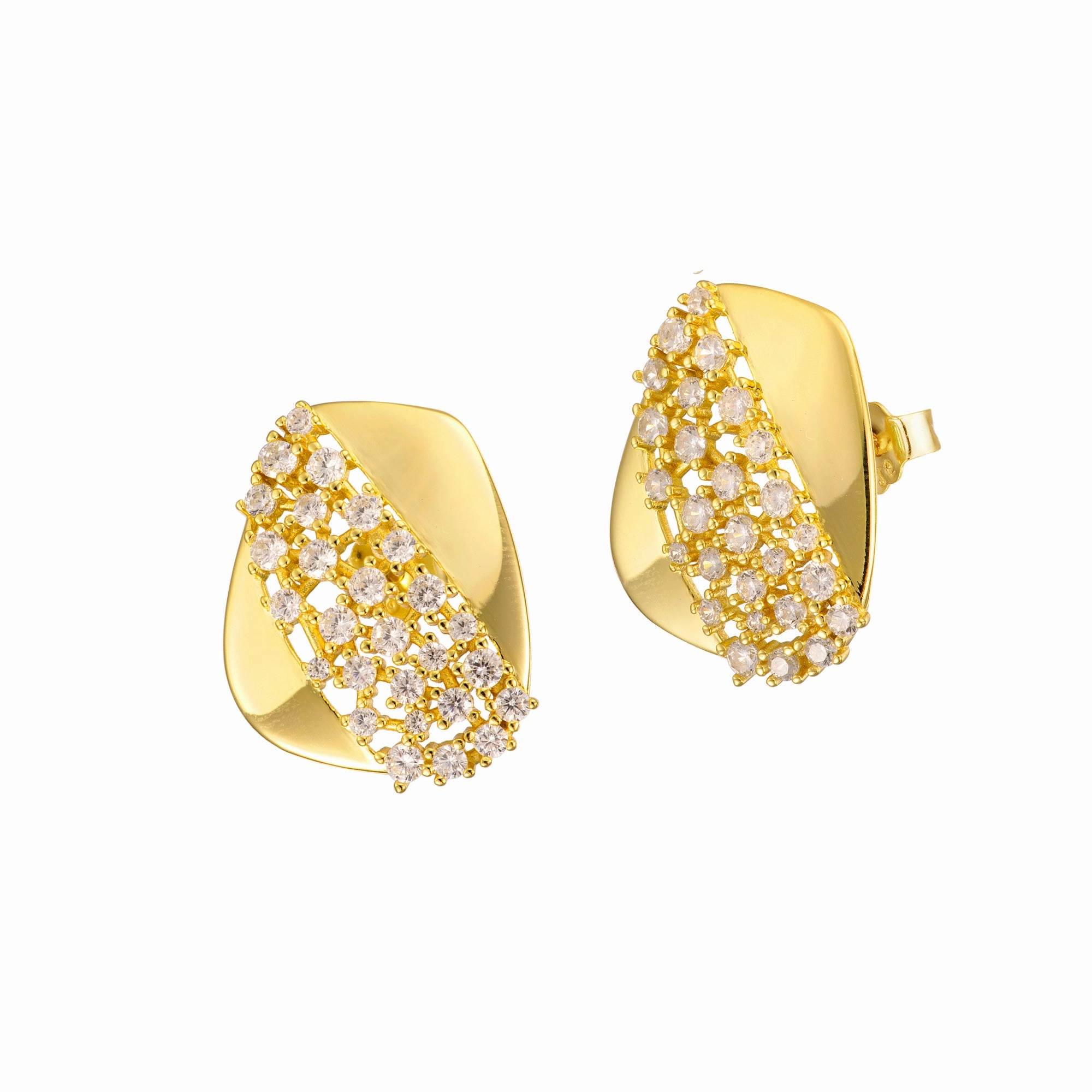 Sterling Silver Gold Plated Rectangular Shaped With CZ Stud Earrings Elegant Treasures