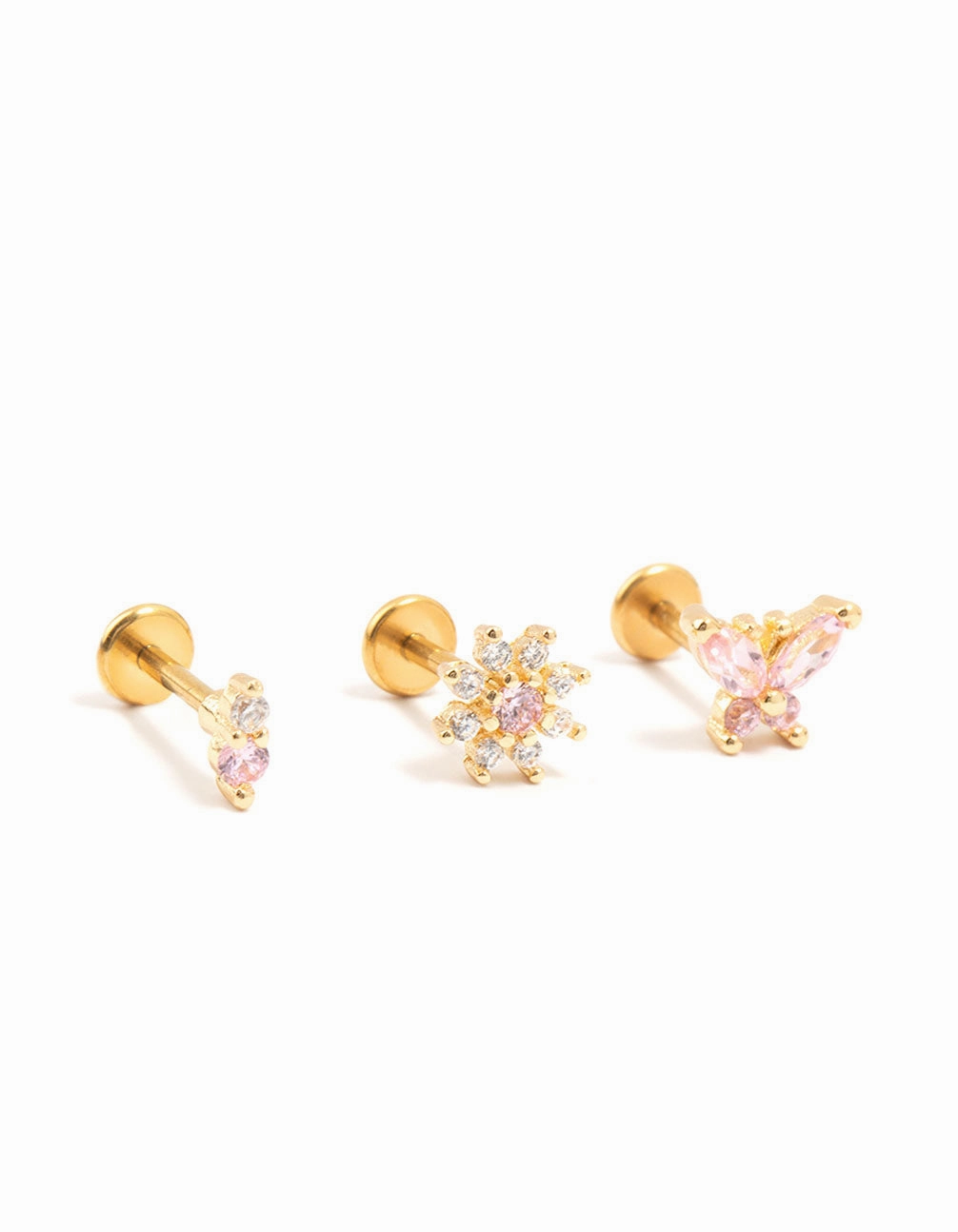 Fashionable Piece Gold Plated Surgical Steel Butterfly & Flower Flat Backs 3-Pack